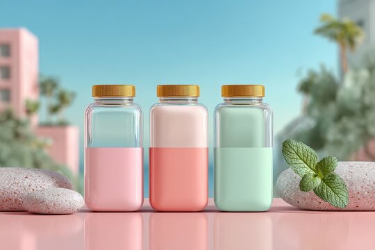 Pastel aesthetic features bottle, flowers, and macaron creating a serene still life composition indoors on a pink surface - Powered by Adobe