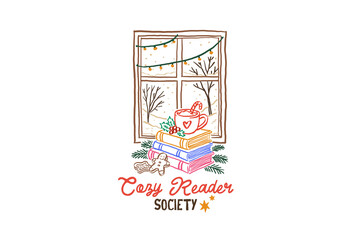 Cozy Reader Society, Cozy Winter Reading Scene by the Window Themed Illustration Christmas Bookish Hand-Drawn Sublimation Design