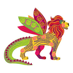 Alebrije in the shape of a lion with wings and a crocodile tail, a magical Mexican traditional creature vector illustration
