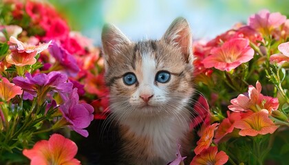 Cute Young Cat Between Flowers