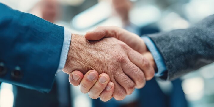 Businessmen Celebrating Partnership with Handshake and Applause at Conference - Powered by Adobe