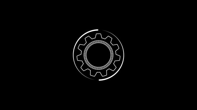 Futuristic white gear mechanism with concentric circles and sharp teeth on a black background