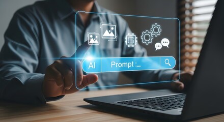 Person using a laptop and interacting with a futuristic ai prompt interface, showcasing technology and innovation