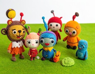 Obraz premium Colorful felt characters on green surface