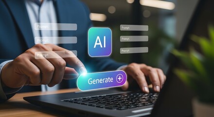 Person using artificial intelligence to generate content on a laptop, with ai icon and generate button