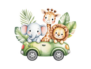 Naklejka premium Watercolor cute animals riding in a green car illustration for kids nursery decor. Safari animals riding a car vector watercolor illustration.