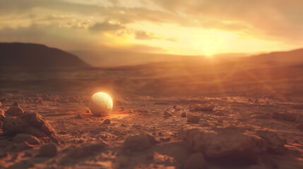 Dramatic sunset over a rocky desert landscape with a glowing orb