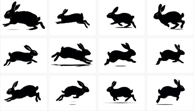 Silhouette of a running rabbit isolated on white background, animation frames
