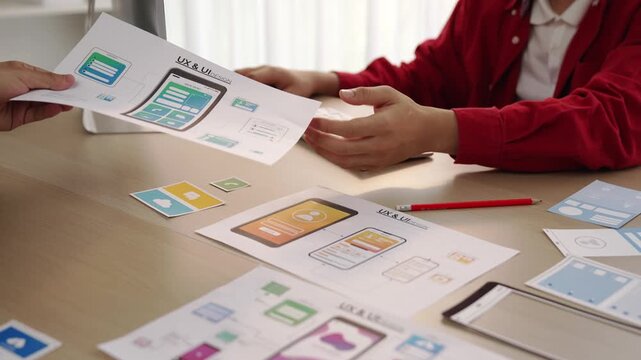 Excellent startup company employee presenting user interface prototype for mobile application to smart manager in office workspace. UX UI designer explain function of icon design on paper. Synergic