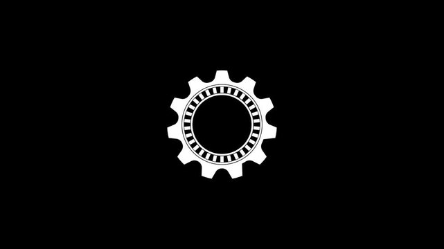 Simple white cogwheel gear icon with intricate inner ring on a solid black background