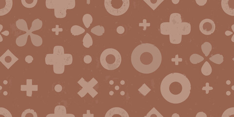 Seamless pattern with playful abstract shapes and textures in earthy brown tones