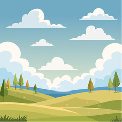 Fototapeta premium Bouffée d'air pur, ciel bleu, jolis nuages, vallée, prairie, nature, extérieur, coloré, illustration, aucun humain