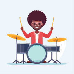 Musicien souriant coupe Afro, joue de la batterie, isol&eacute; sur fond blanc, illustration, design plat