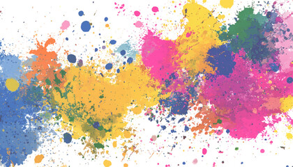 Colorful splashes of watercolor paint form an abstract design. Abstract art of colorful paint splatters on a white background. Rainbow paint splatter banner, white background, design