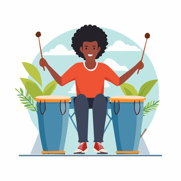 Percussionniste, musicien noir, coupe Afro, isol&eacute; sur fond blanc, congas 