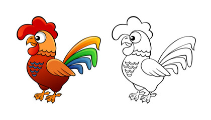 Rooster. Cartoon cock. Black and white vector illustration for coloring book with example in color