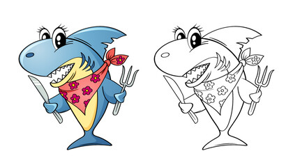 Cute cartoon shark with fork and knife. Black and white vector illustration for coloring book with example in color