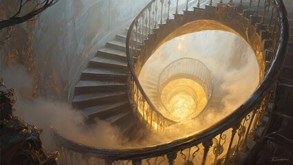 Fototapeta premium Mysterious Spiral Staircase with Ethereal Lighting and Fog Effects.