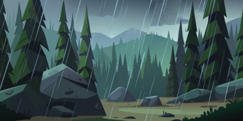 Fototapeten Khaki An artistic illustration of a summer sunset landscape painting a blue and orange sky over a mountain forest and calm lake water  © Tanjir