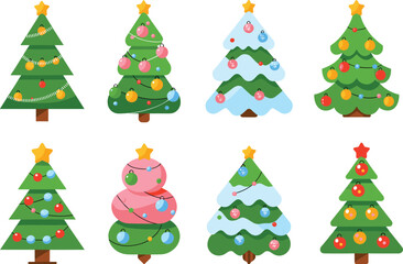 Christmas trees collection, festive decorated evergreens with ornaments, garlands, stars, snow, colorful holiday designs, seasonal celebration illustration, winter decoration assets