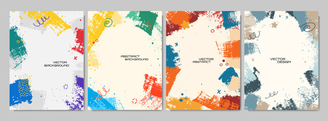 Vector illustration. Bright background. Paint brush strokes and hand drawn doodle elements. Trendy abstract color design for book cover, brochure, magazine, poster, flyer. Vintage retro style