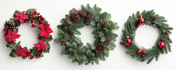 Christmas wreath signs isolated on clean white, ready for New Year and Christmas digital projects, festive banners, mockups, and marketing visuals.