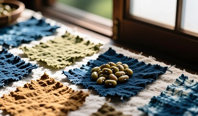 Colorful textiles with beans displayed on wooden table by window