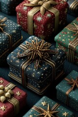 Elegant Christmas gifts with detailed wrapping and festive decorations