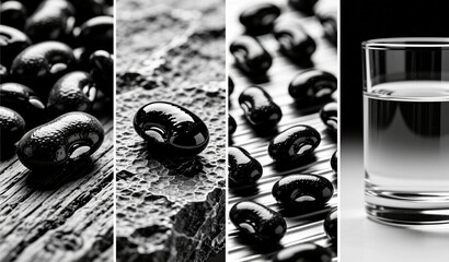 Shiny black capsules on varied textures with glass of water