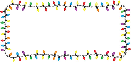 Colorful Christmas lights border frame, festive holiday decoration clipart, winter celebration design, seasonal xmas illustration, glowing string light artwork