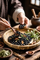 Asian cuisine: black beans and spices with fresh herbs on bamboo tray