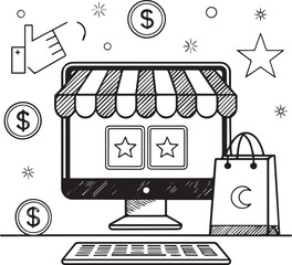 The hand drawn vector icon set for online shopping on a laptop illustrates the business concept