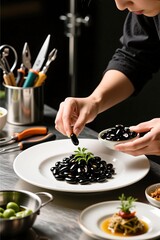 Caucasian female chef plating black beans in gourmet kitchen setting