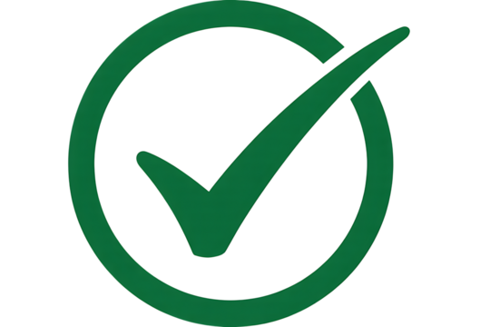 Green check mark symbol inside a circle indicating approval confirmation or completion isolated on transparent background