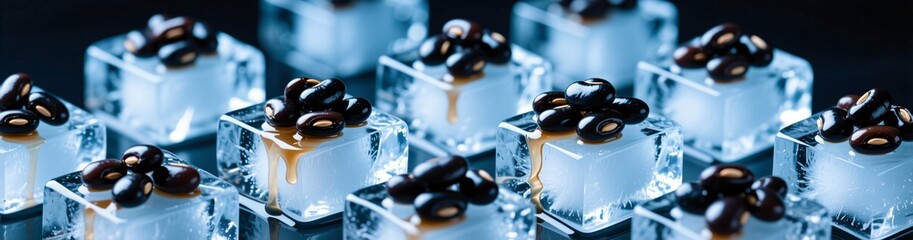 Coffee beans on ice cubes with caramel on black background close-up