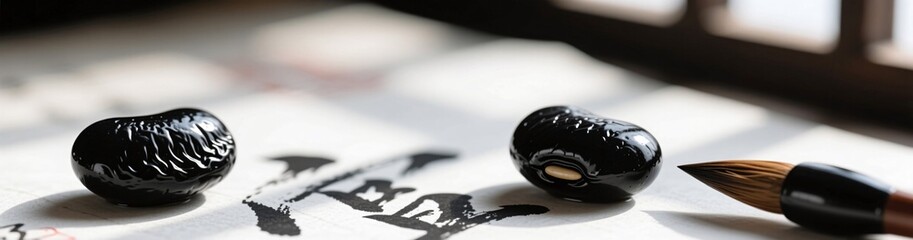 Japanese calligraphy tools with black ink stones and brush on paper