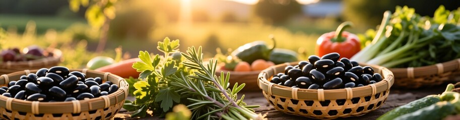 Fresh vegetables and black beans in wicker baskets at sunrise