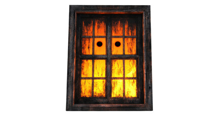 Sinister Glowing Eyes Behind Grungy Window on Dark, Checkered Background, Horror Element