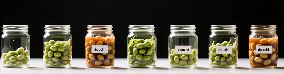 Assorted fermented soybeans in jars displaying different colors and textures