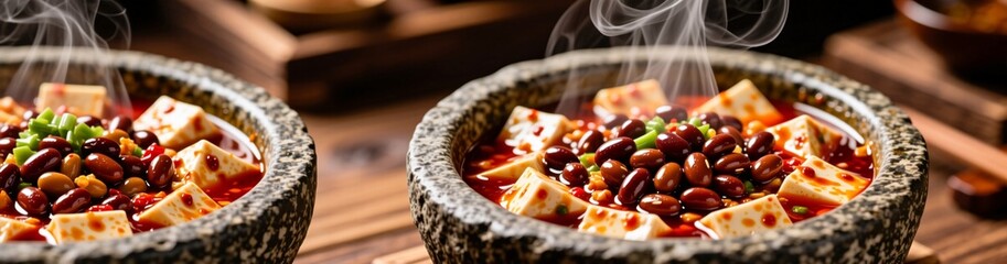 Hearty steaming bowls of spicy tofu and bean soup with garnish