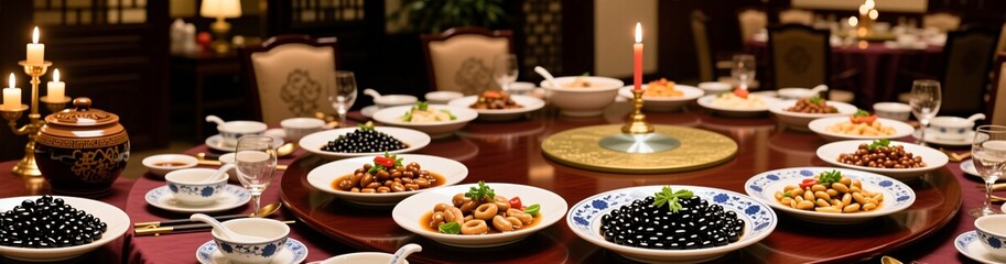 Elegant asian banquet table with variety of appetizers and traditional decor