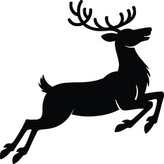 A black silhouette of a reindeer leaping with antlers on a white background in a vector graphic