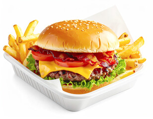 Delicious cheeseburger with bacon and French fries. AI