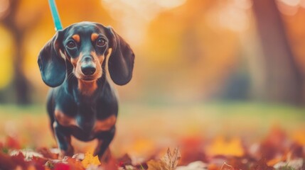 Dachshund walks through colorful autumn leaves in a park