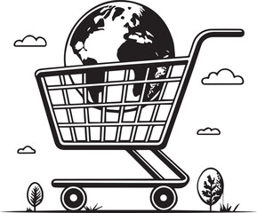 Global e-commerce business concept: shopping cart icon and globe symbol for online retail and sale