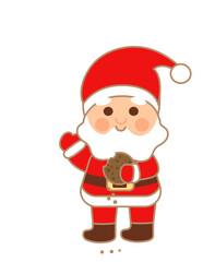 Cute kawaii Santa Claus holding cookie in hand, crumbs. He smiles and waves his hand in greeting. Funny Christmas illustration in flat cartoon style.
