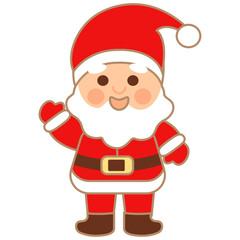 Cute kawaii Santa Claus character in red suit waving hand and smiling. Flat cartoon style. Adorable Christmas illustration for cards, stickers, prints, kids design, and winter holidays.