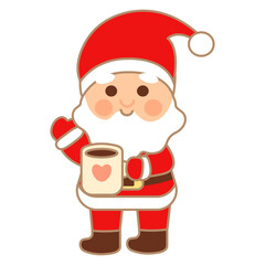Adorable kawaii Santa Claus holding a hot drink mug with heart. Cozy and cute Christmas character in flat cartoon style. Perfect for holiday cards, prints, stickers, kids design, winter decor.