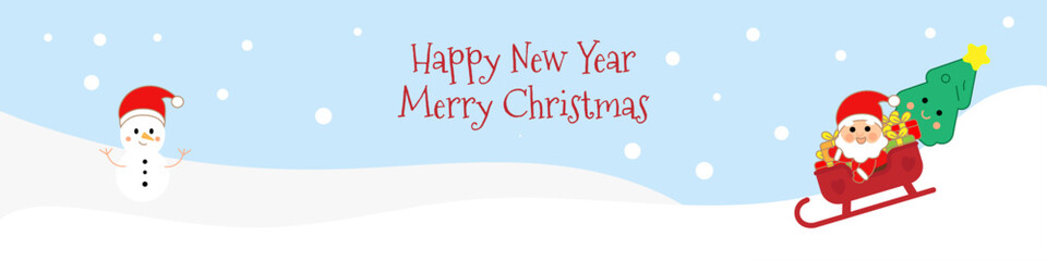 Cute Christmas banner with Santa in sleigh, snowman, and kawaii Christmas tree. Flat cartoon style. Winter holiday greeting, snow landscape. Perfect for kids cards, posters, web design.