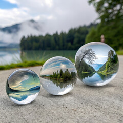3D glass spheres reflecting surreal landscapes